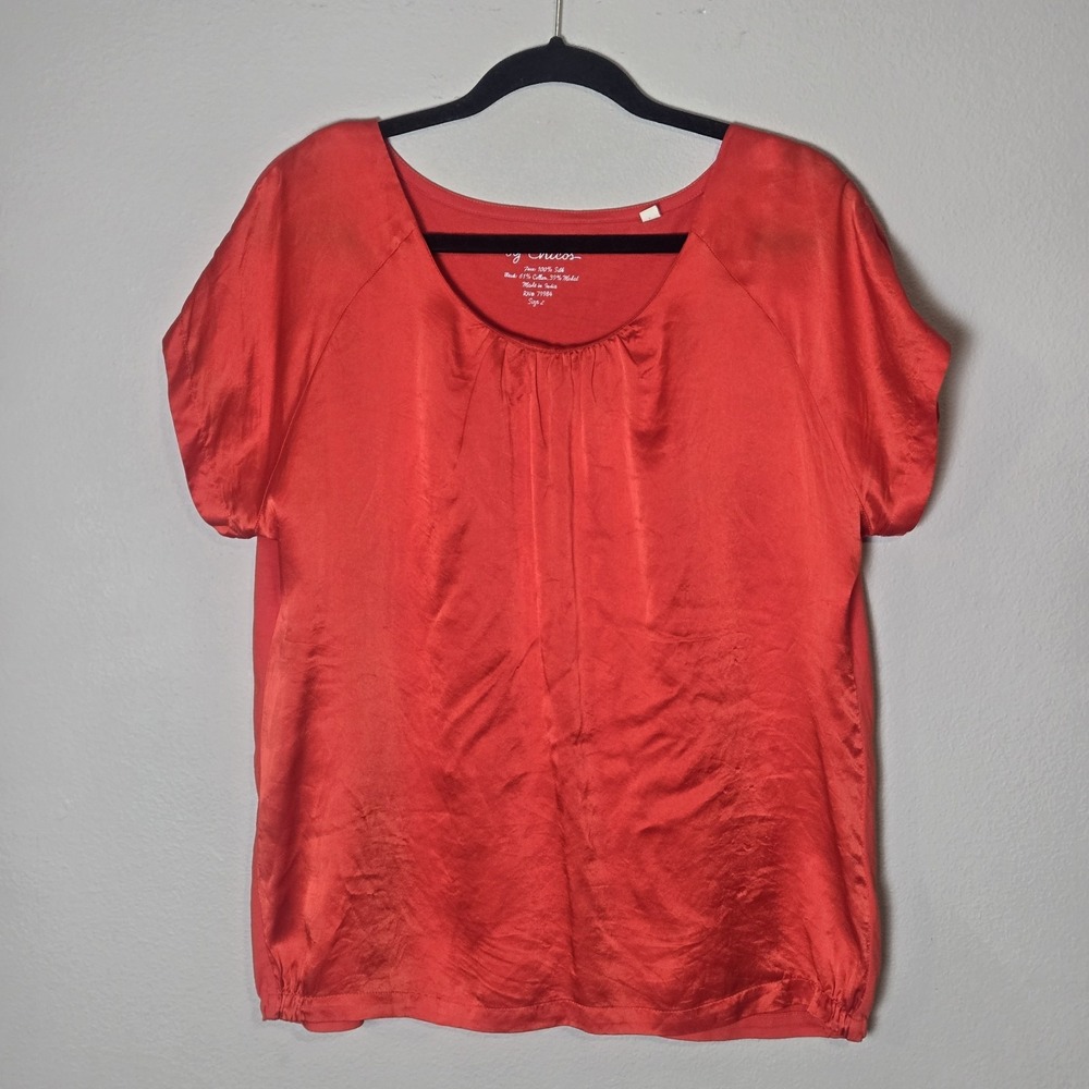 Chicos Women's Top Size 2 Large Red Silk Blouse Short Sleeve Elastic Waist
